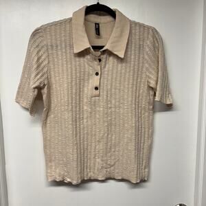 Zara Womens Semi Sheer Beige Cream Ribbed Short Sleeve Polo Shirt Size Large